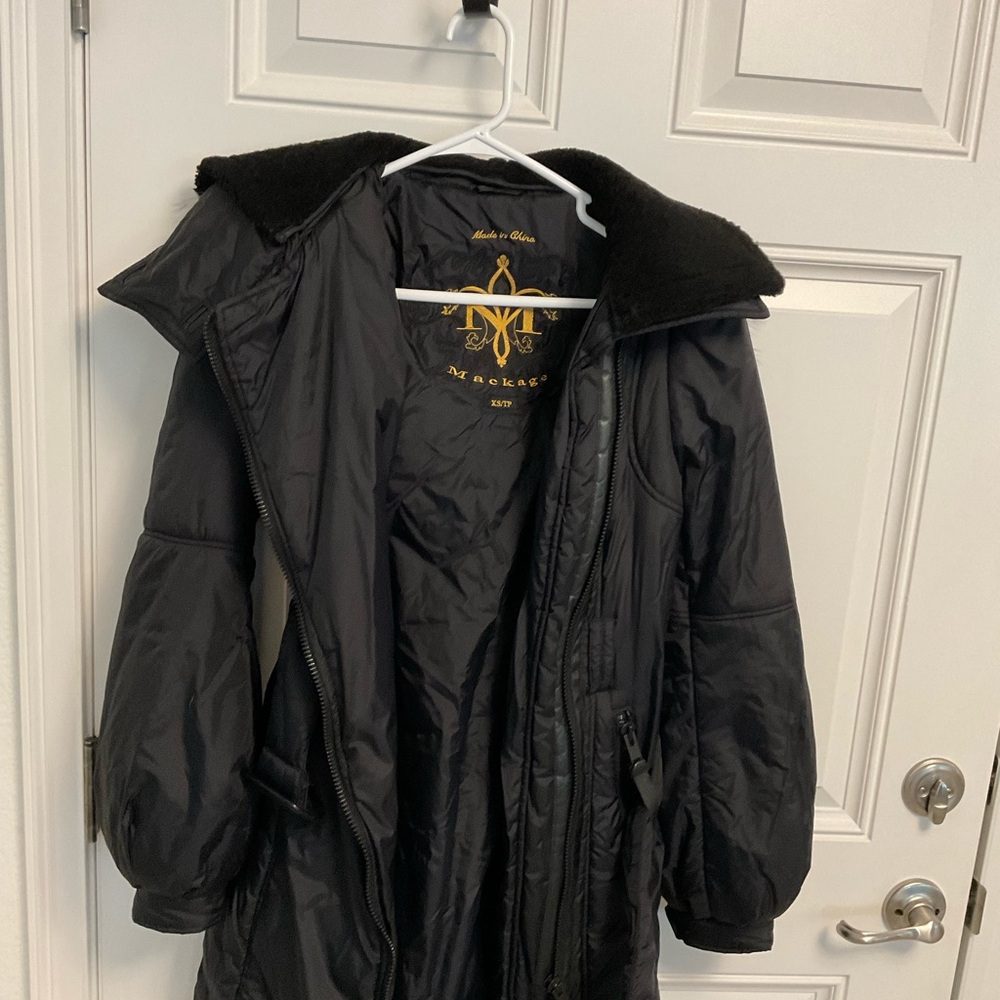 Mackage winter mid length coat with belt authentic fur on hood. Size XS